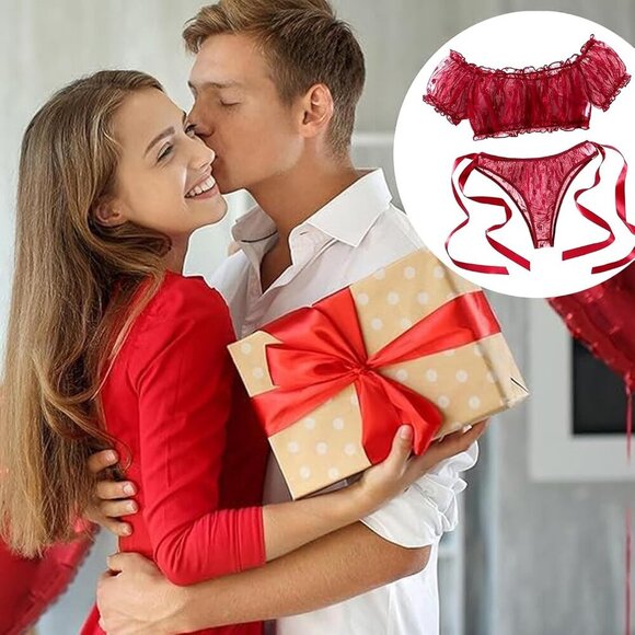 Women's Red Through Two Ways Wear Lingerie Sets Tulle Tie Top Thong Underwear - Picture 7 of 7